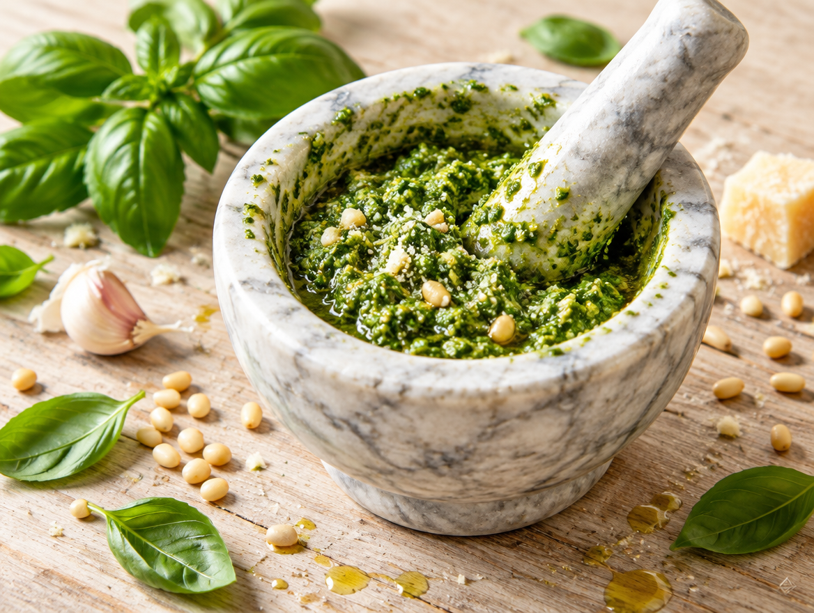 Verse pesto maken met basilicum in een vijzel