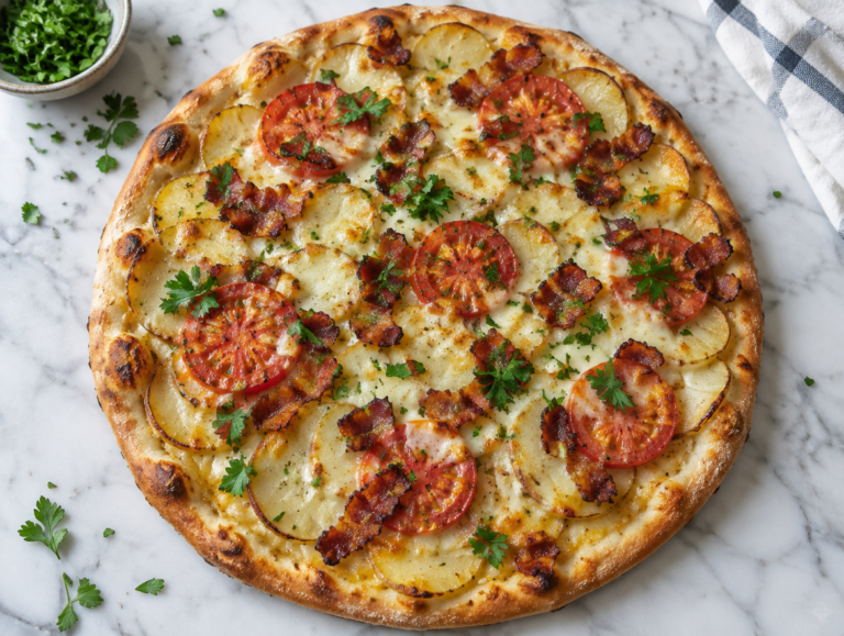 Pizza van aardappel, bacon en tomaat