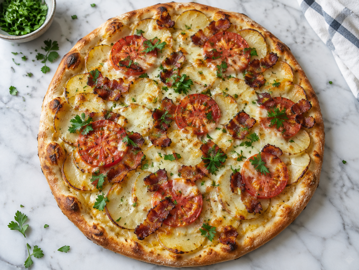 Pizza van aardappel, bacon en tomaat