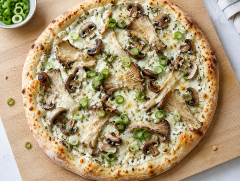 Pizza met kruidenroom en bospaddestoelen