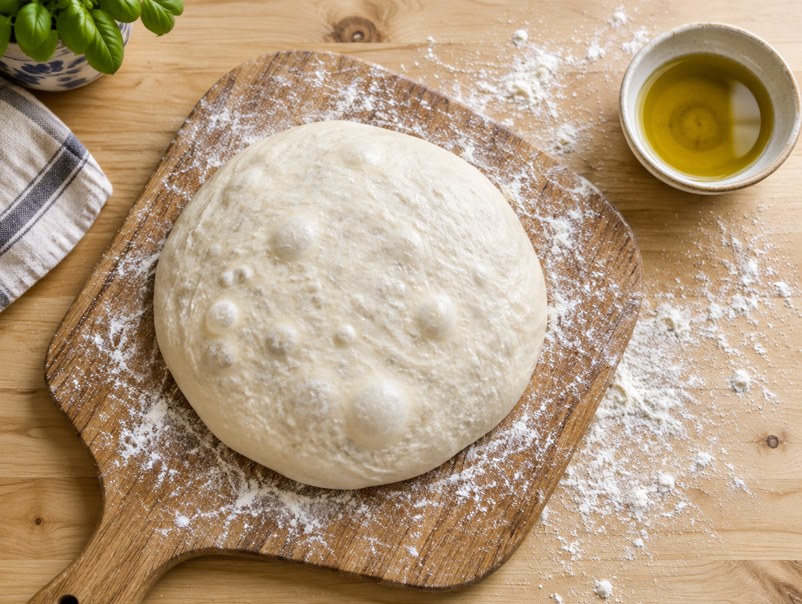 Pizzadeeg maken en uitrekken op een pizzaschep