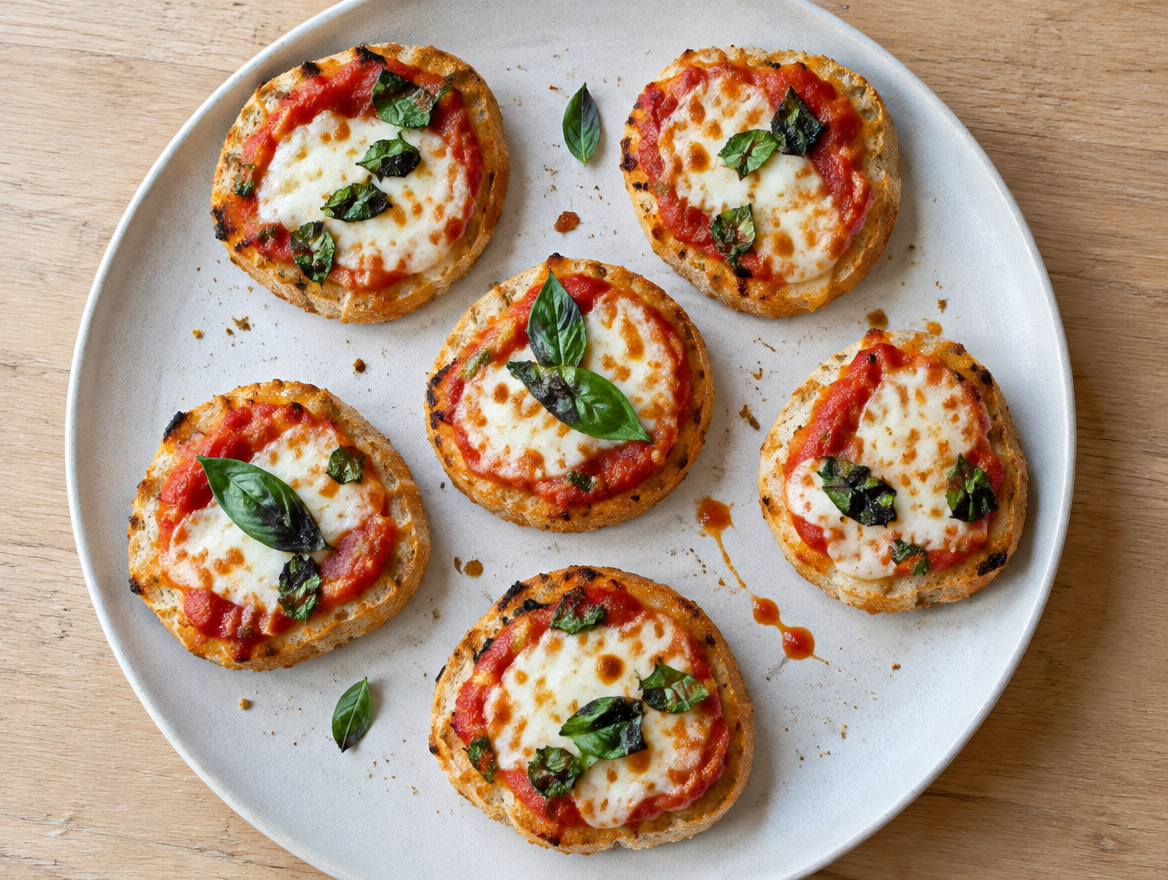 Pizzette al basilico: broodjes met tomatensaus, basilicum en gesmolten mozzarella