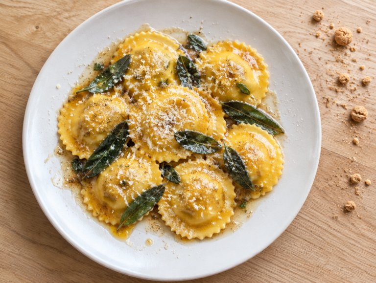 Pompoenravioli met salieboter en amaretti