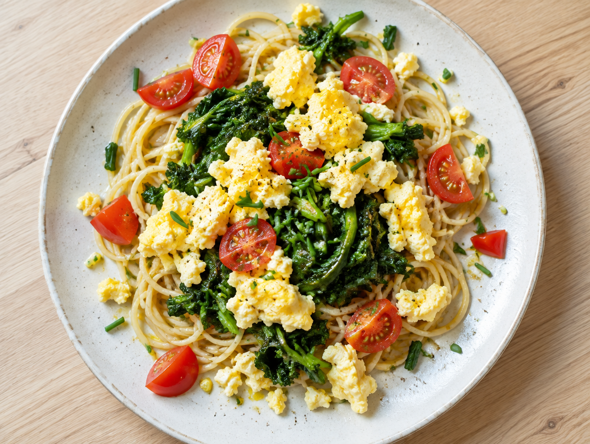 Raapsteeltjes met roereieren en spaghetti