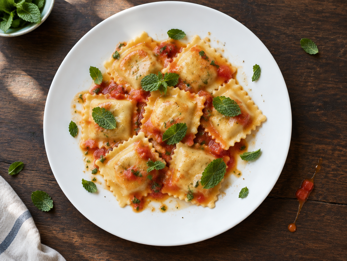 Verse ravioli met tomatensaus en verse munt