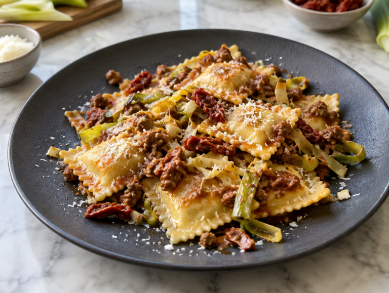 Ravioli met prei-bolognesesaus