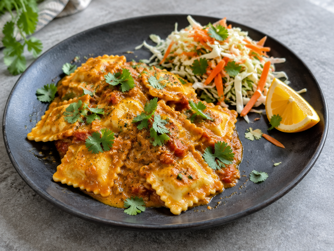 Ravioli met tomaten-currysaus
