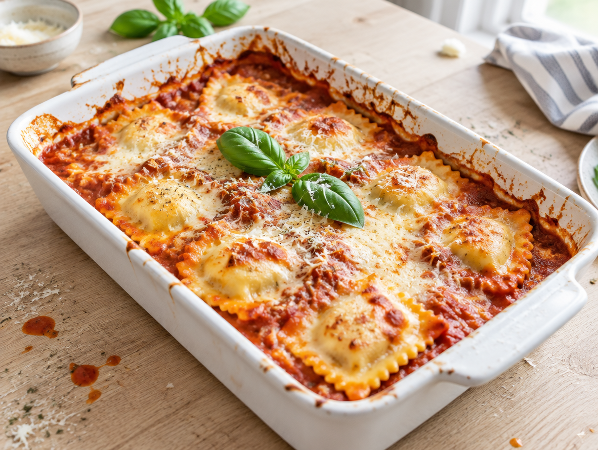 Gegratineerde ravioli met tomatensaus en kaas uit de oven