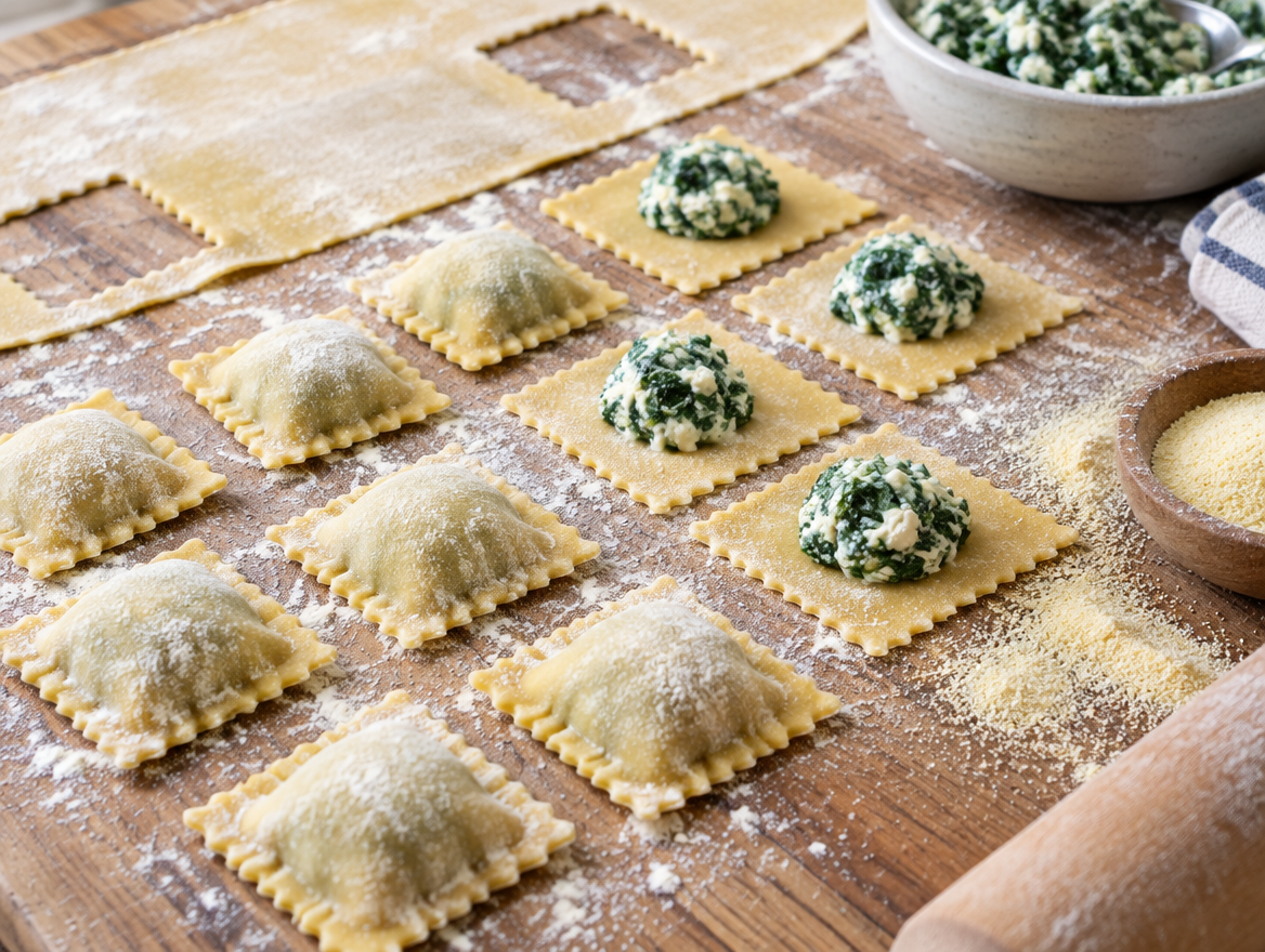 Ravioli vullen op een bebloemde plank