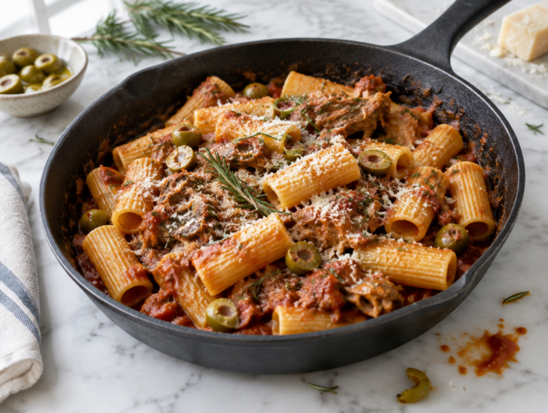 Rigatoni met konijnragù en olijven