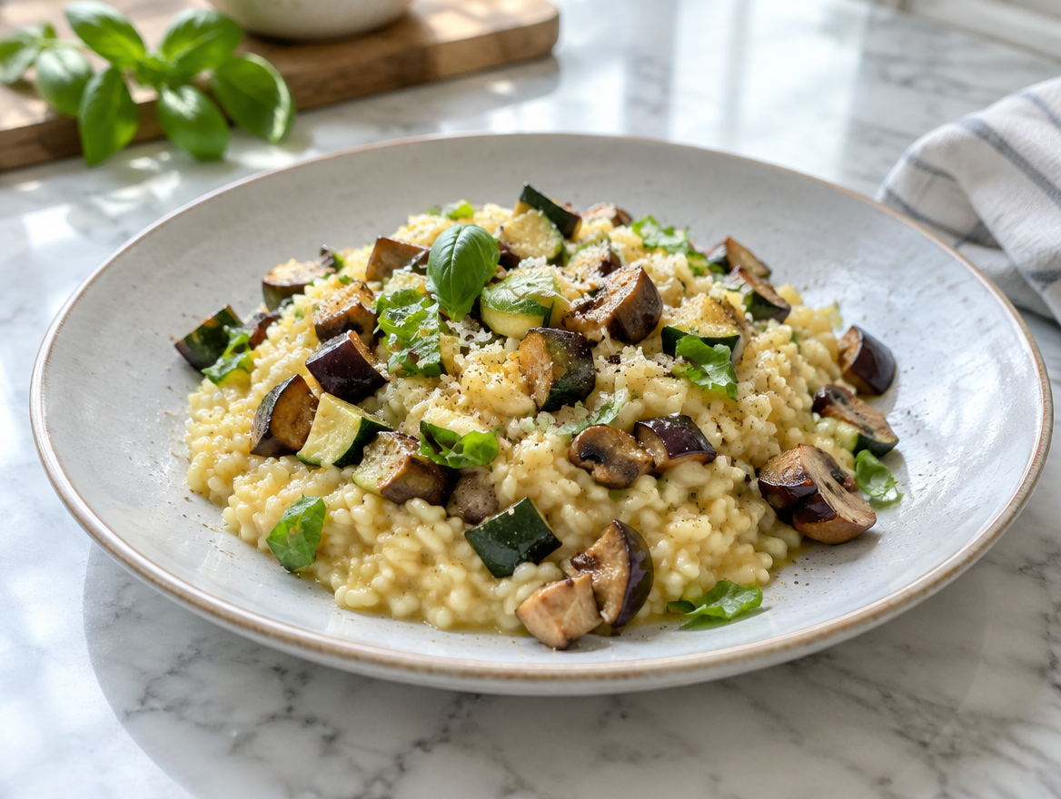 Risotto met courgettes, aubergines en paddestoelen