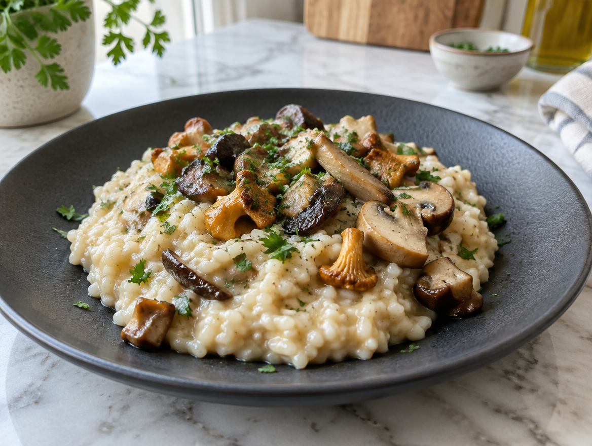 Risotto met paddenstoelen, parmezaan en peterselie