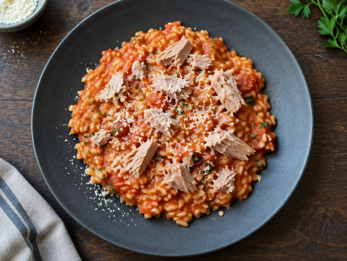 Risotto met tonijn en tomatensaus, bestrooid met kaas