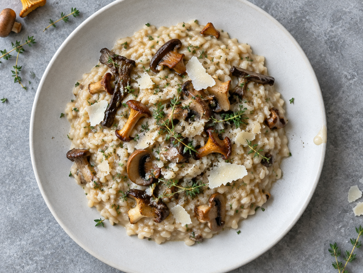 Risotto met wilde paddenstoelen en tijm met parmezaanse kaas