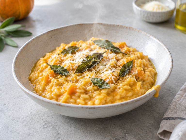 Risotto met pompoen, salie en parmezaan