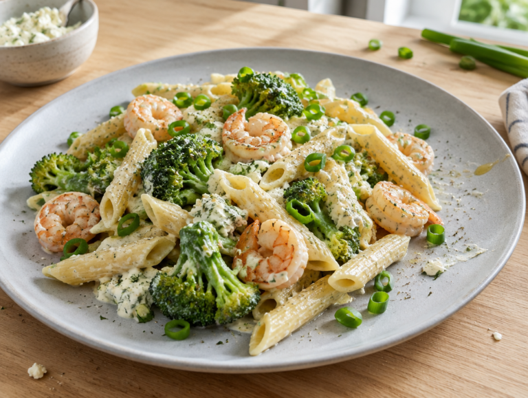 Romige penne met garnalen en broccoli