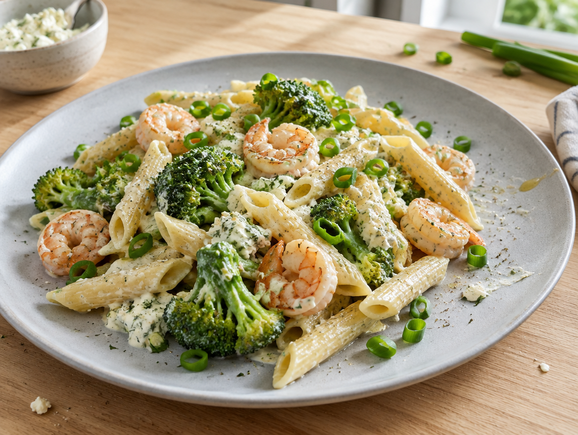 Romige penne met garnalen en broccoli