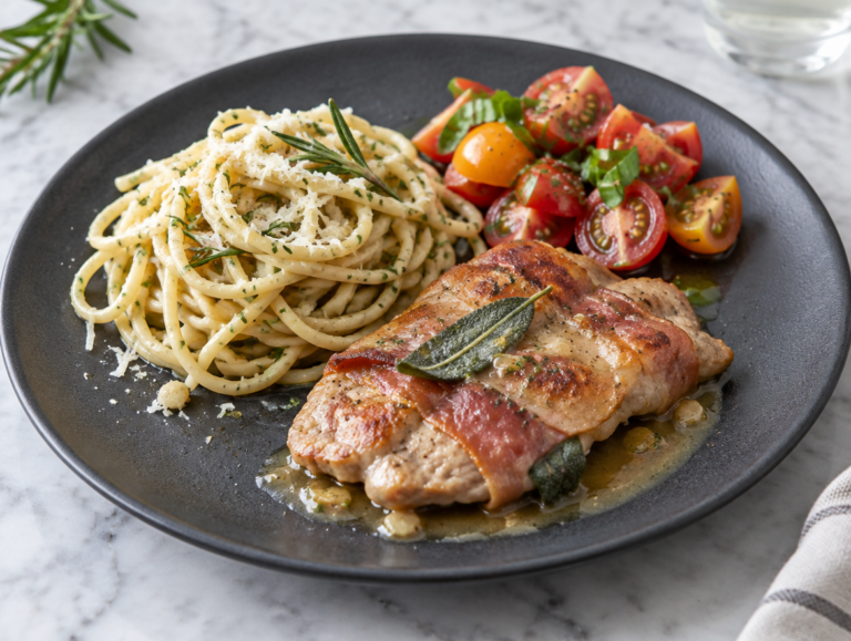 Rozemarijnspaghetti met saltimbocca en tomatensalade
