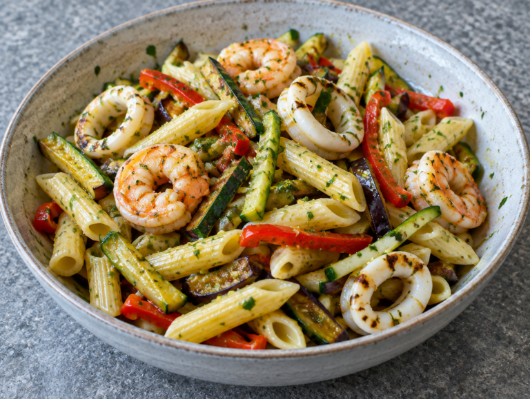 Salade van pasta, groenten en vis