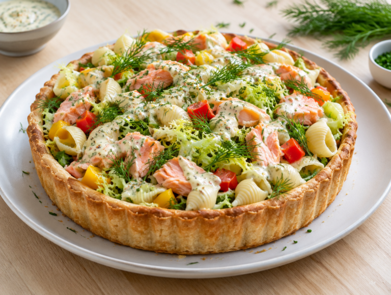 Schelpjespastasaladetaart met zalm