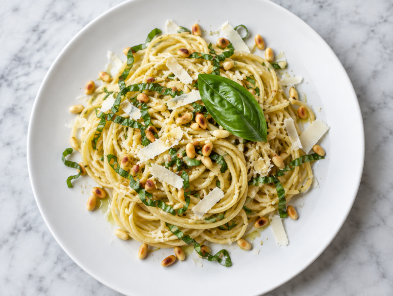 Spaghetti met basilicum en pijnboompitjes