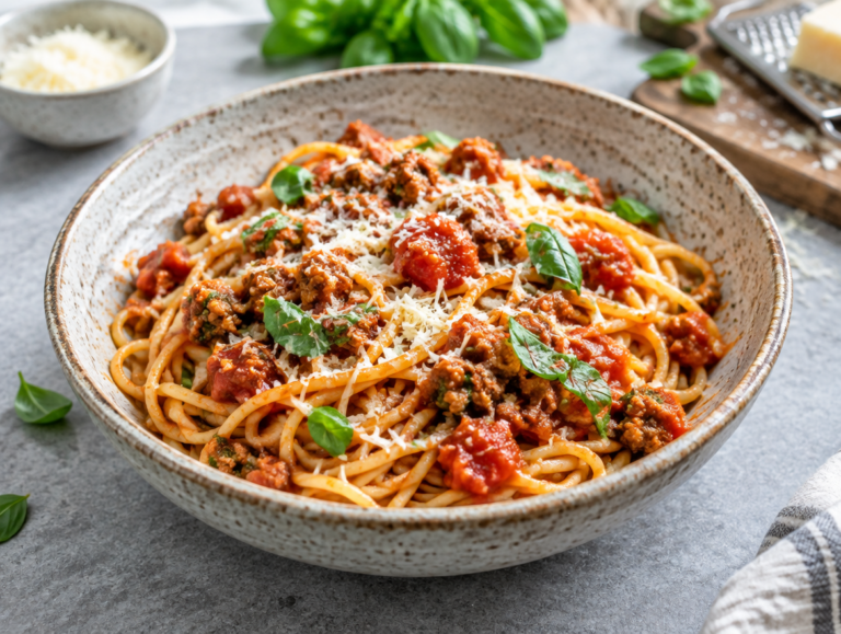 Spaghetti met basilicumsaus en quorngehakt