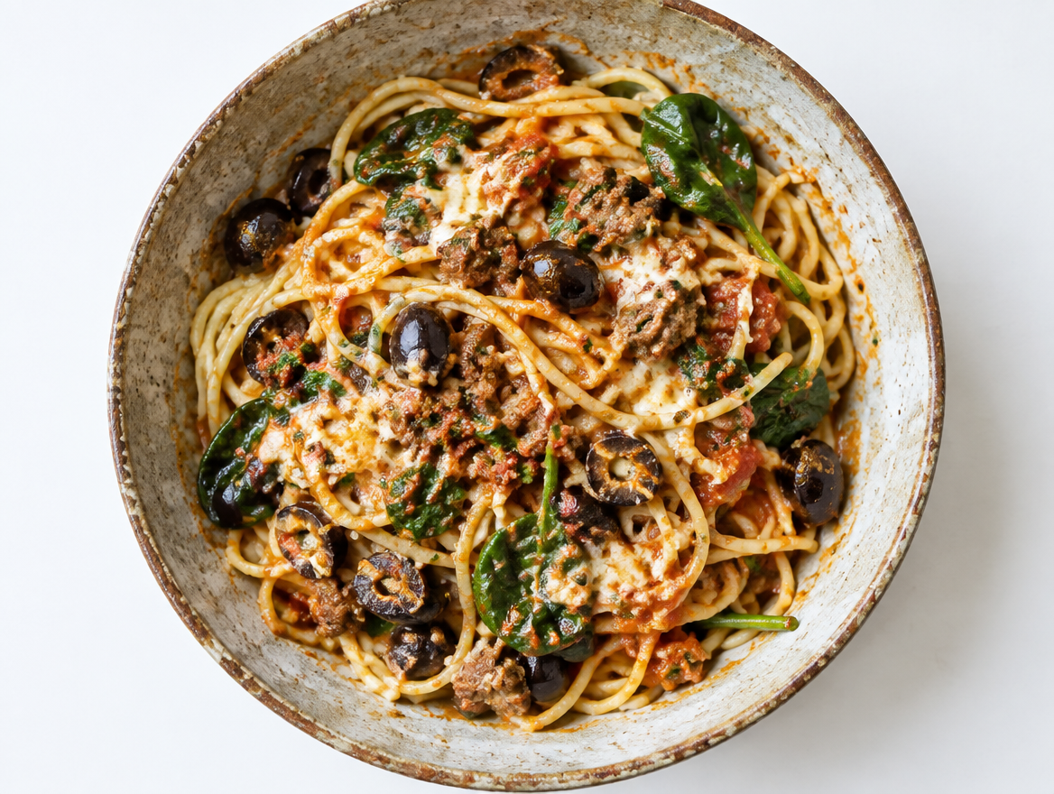Spaghetti con spinaci met gehakt, spinazie en zwarte olijven