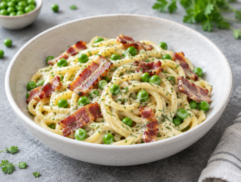 Spaghetti met erwten en baconreepjes