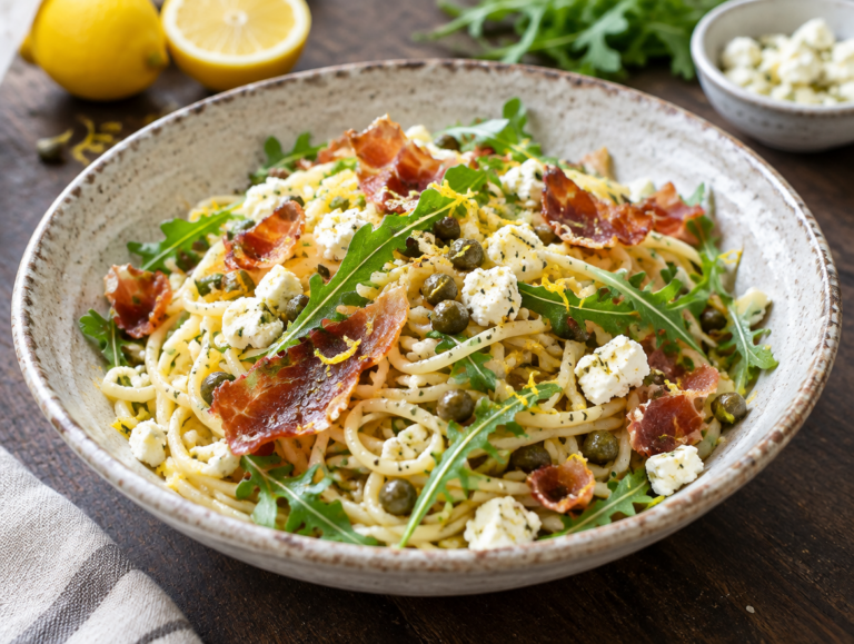 Spaghetti met feta, ham en limoen