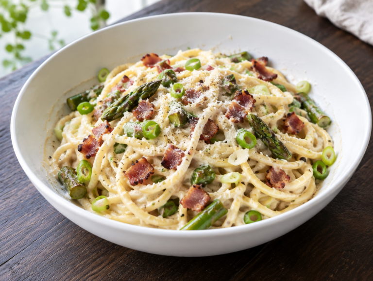 Spaghetti met saus van groene asperges en spek