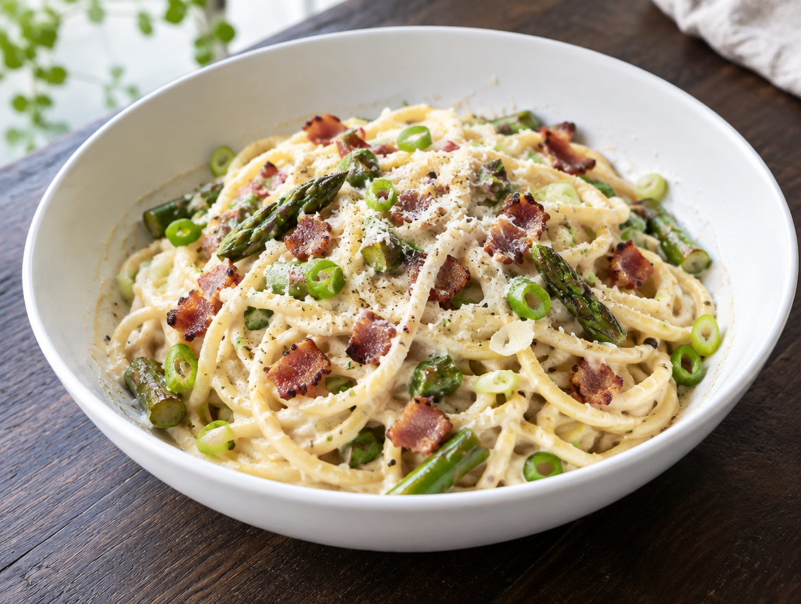Spaghetti met saus van groene asperges en spek