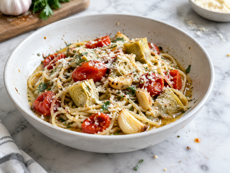 Spaghetti met knoflook artisjokken