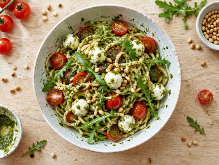 Pasta pesto met cherrytomaten, rucola en pijnboompitten