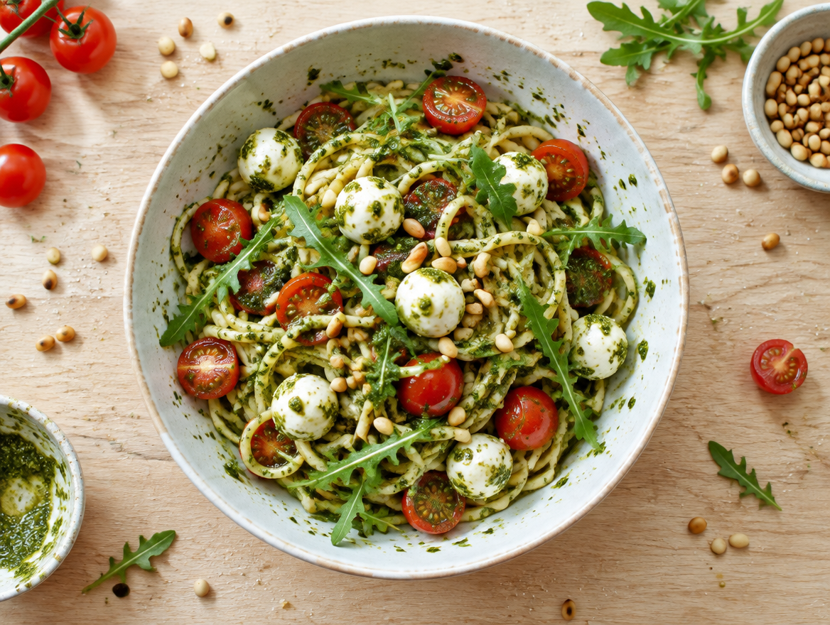 Pasta pesto met cherrytomaten, rucola en pijnboompitten