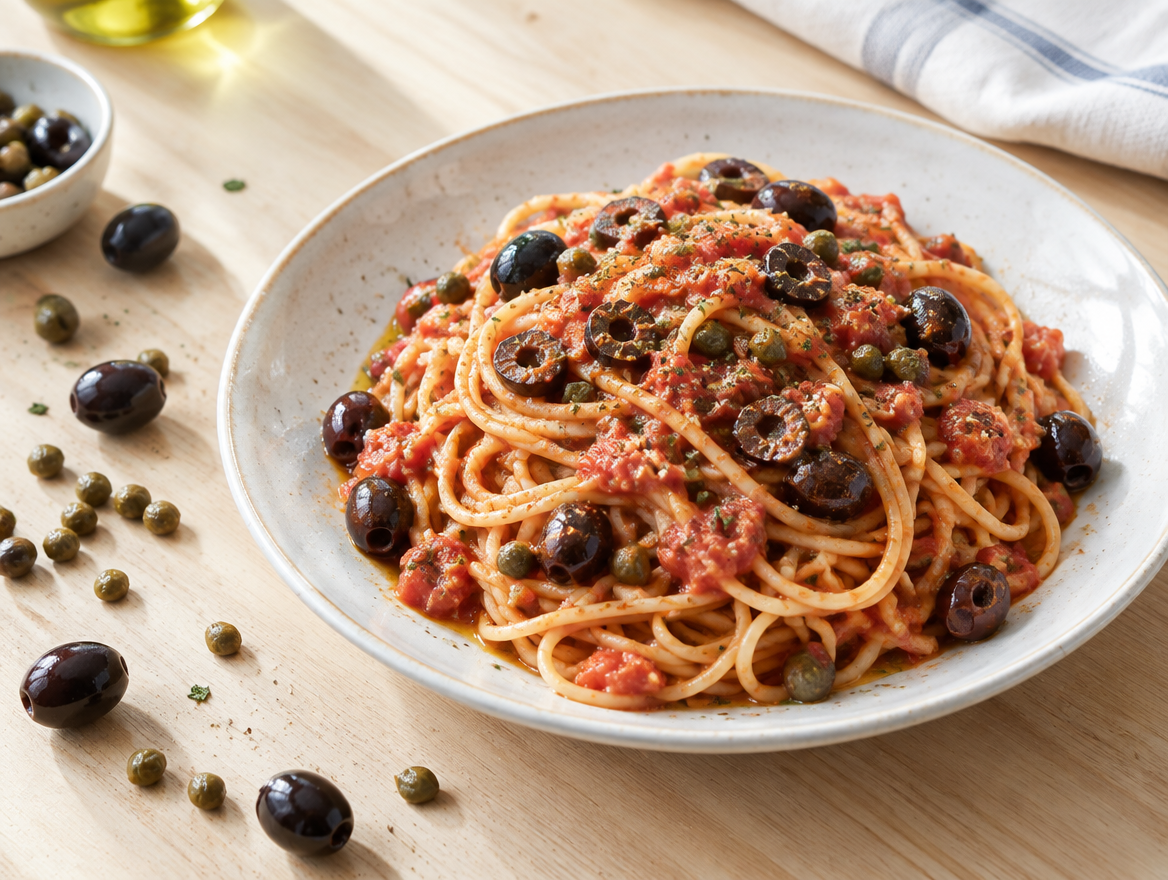 Spaghetti alla puttanesca met olijven en kappertjes