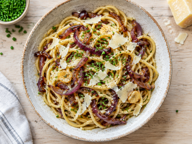 Spaghetti met rode ui