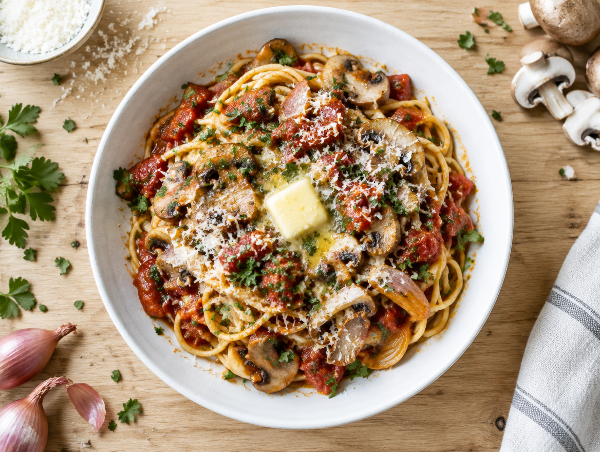Spaghetti met sjalotten tomatensaus