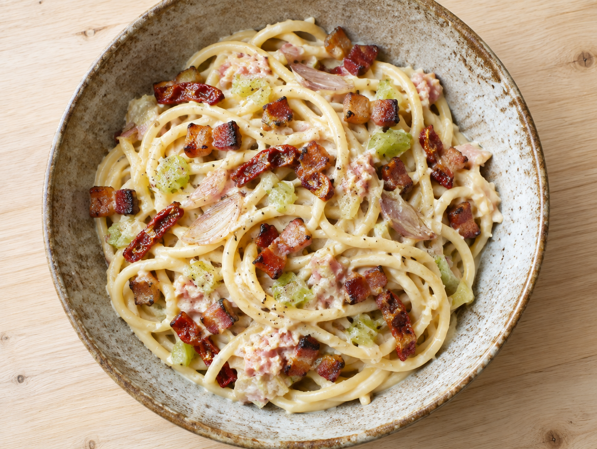 Spaghetti met spekjes en bleekselderij