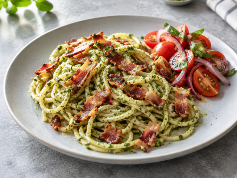 Spaghetti met spekjes, pesto en tomatensalade