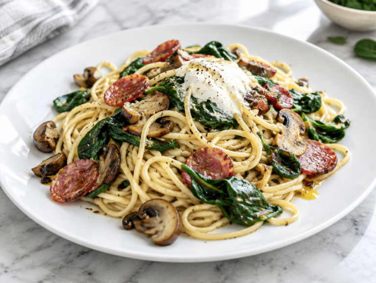 Spaghetti met spinazie, salami en champignons