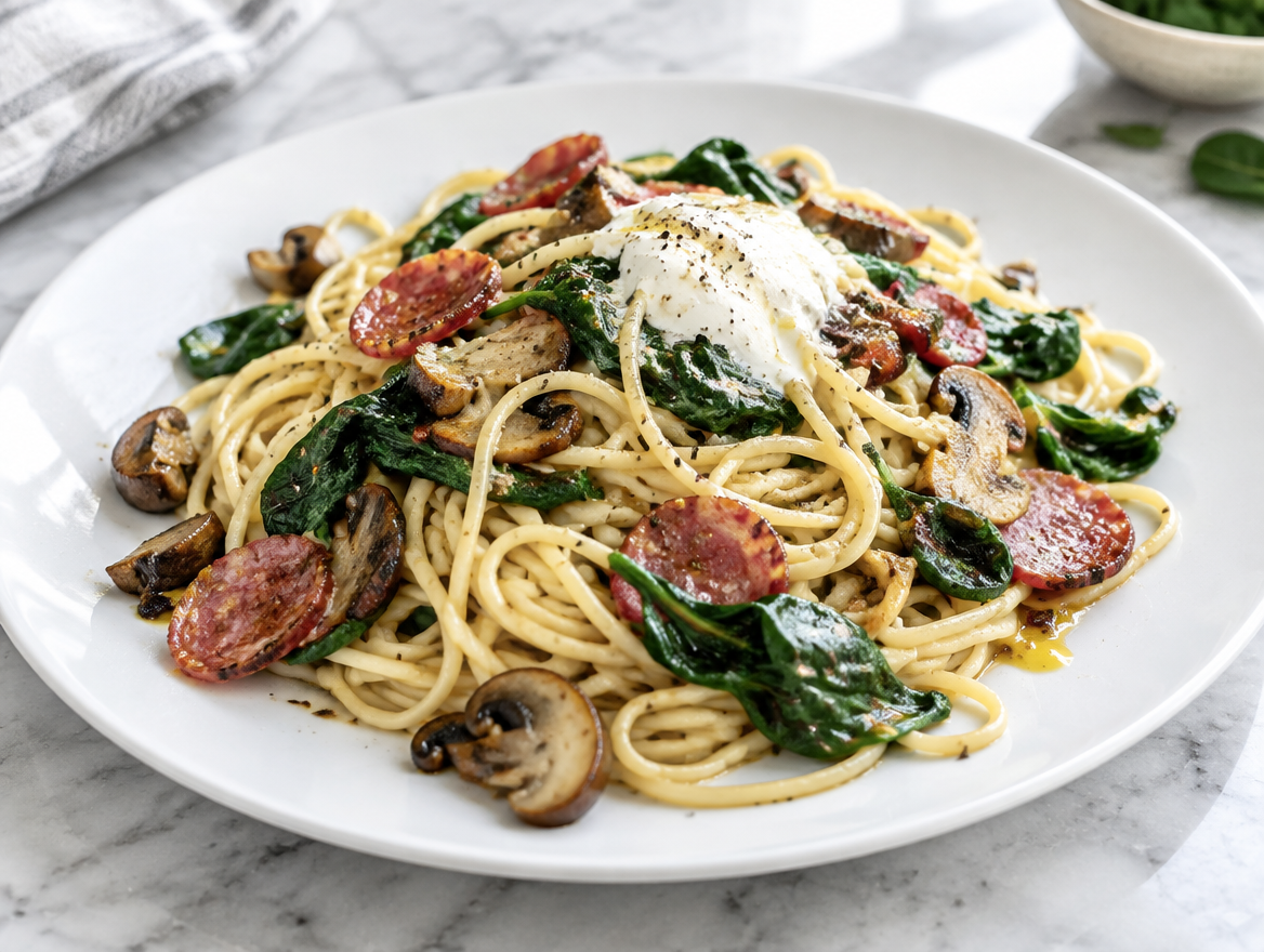 Spaghetti met spinazie, salami en champignons