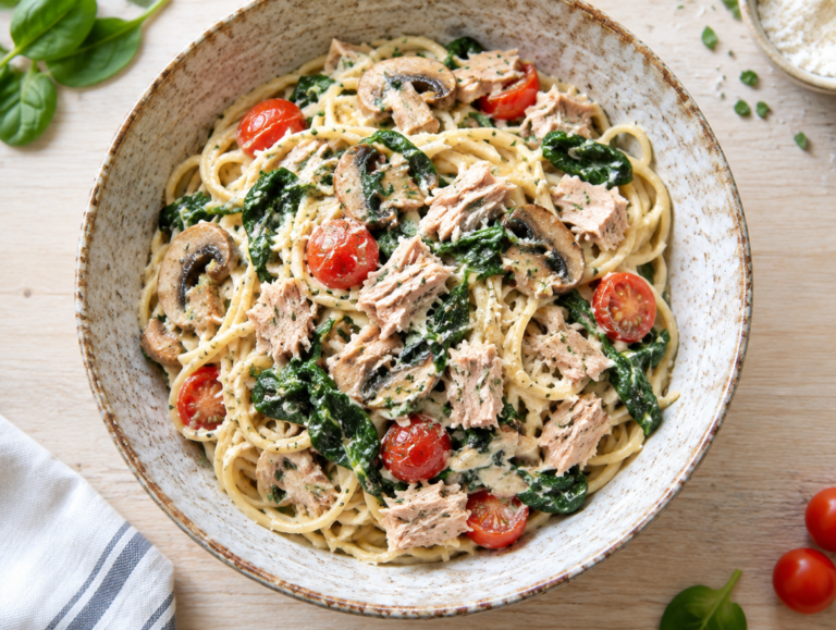 Spaghetti met spinazie en tonijn