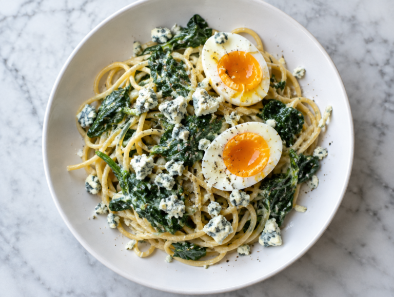 Spaghetti met spinaziesaus, ei en blauwe kaas