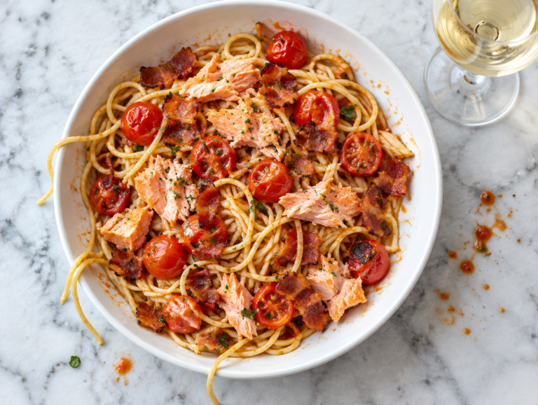 Spaghetti met tomaten, zalm en spek