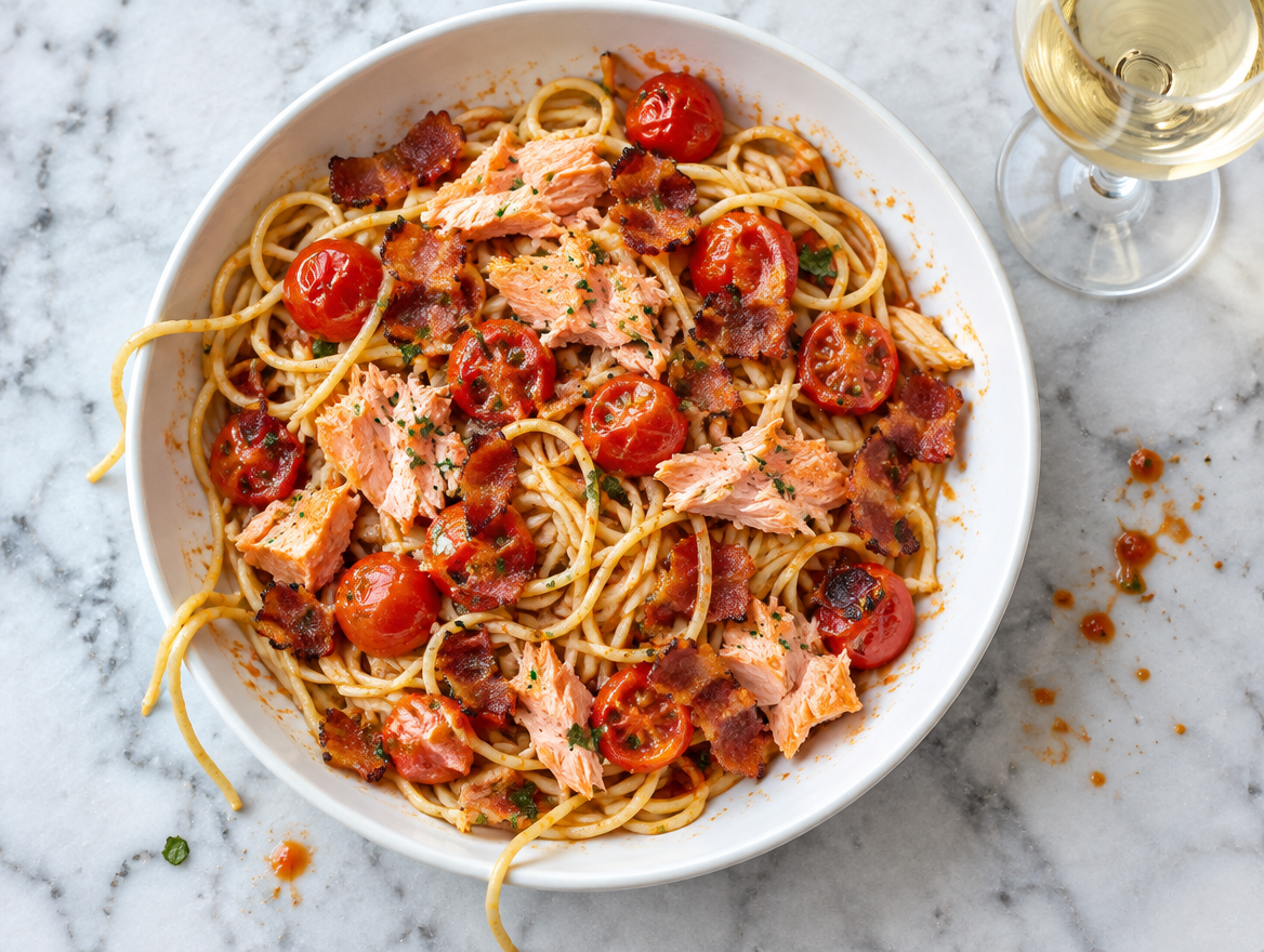 Spaghetti met tomaten, zalm en spek