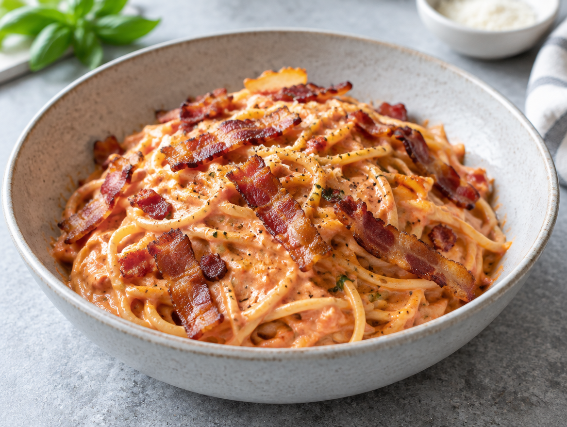 Spaghetti in tomatenroomsaus met wodka en krokante spekreepjes