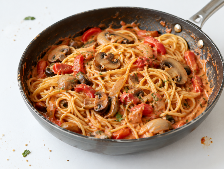 Spaghetti in tomatensaus met rode paprika en champignons