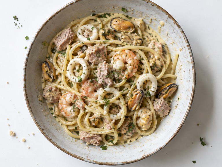 Tagliatelle met tonijn en zeevruchten