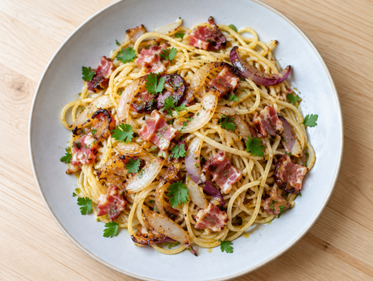 Spaghetti met ui en ham