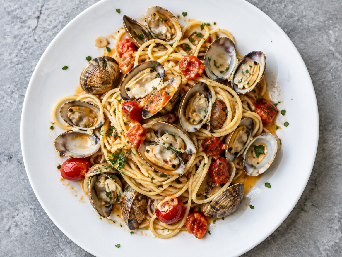 Spaghetti vongole met venusschelpen en tomaat